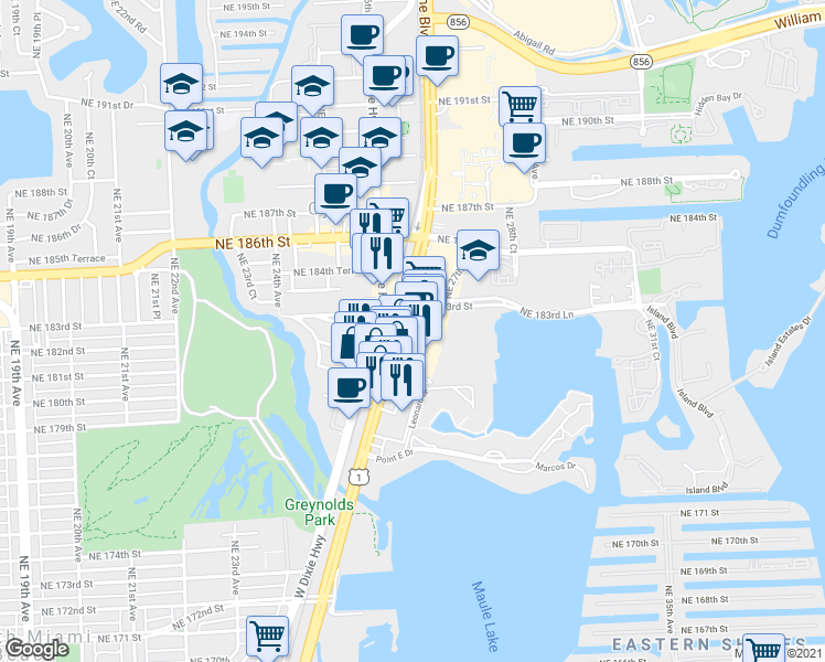 map of restaurants, bars, coffee shops, grocery stores, and more near 18307 Biscayne Boulevard in Aventura