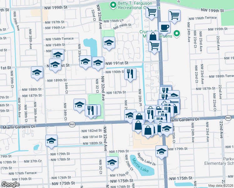 map of restaurants, bars, coffee shops, grocery stores, and more near 3000 Northwest 187th Street in Miami Gardens