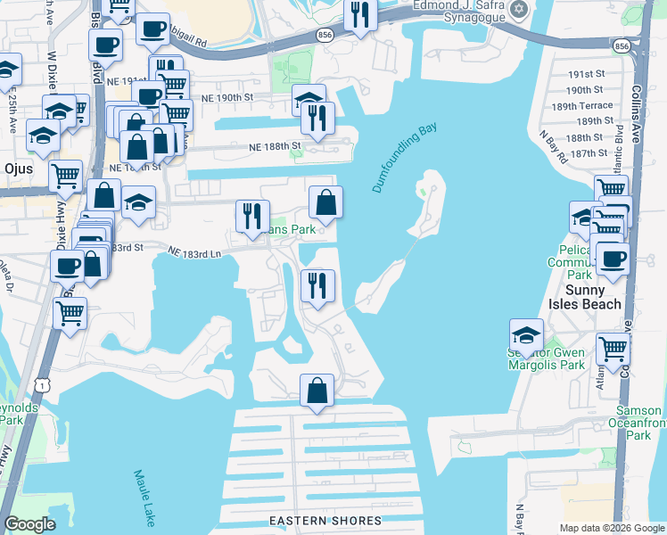map of restaurants, bars, coffee shops, grocery stores, and more near 7100 Island Boulevard in Aventura