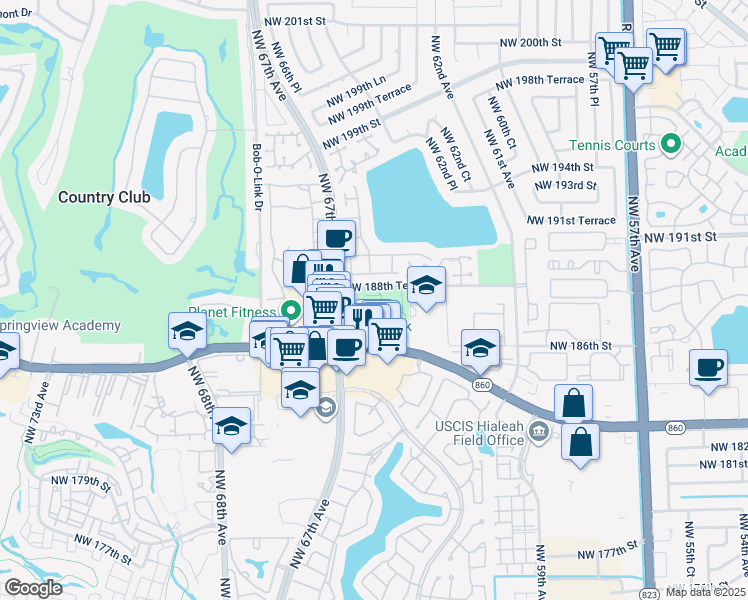 map of restaurants, bars, coffee shops, grocery stores, and more near 6550 Northwest 188th Terrace in Hialeah