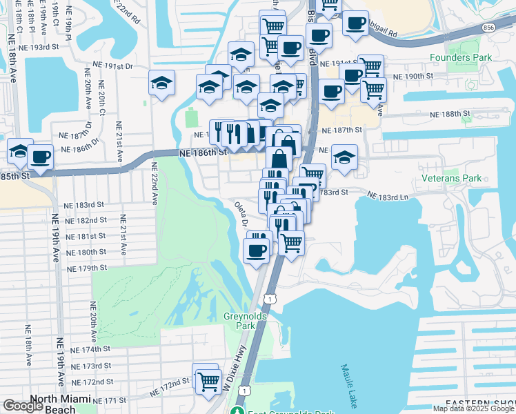 map of restaurants, bars, coffee shops, grocery stores, and more near 2507 Northeast 182nd Street in North Miami Beach