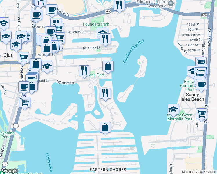 map of restaurants, bars, coffee shops, grocery stores, and more near 7100 Island Boulevard in Aventura