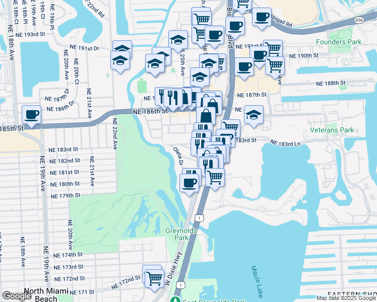 map of restaurants, bars, coffee shops, grocery stores, and more near 2507 Northeast 182nd Street in North Miami Beach