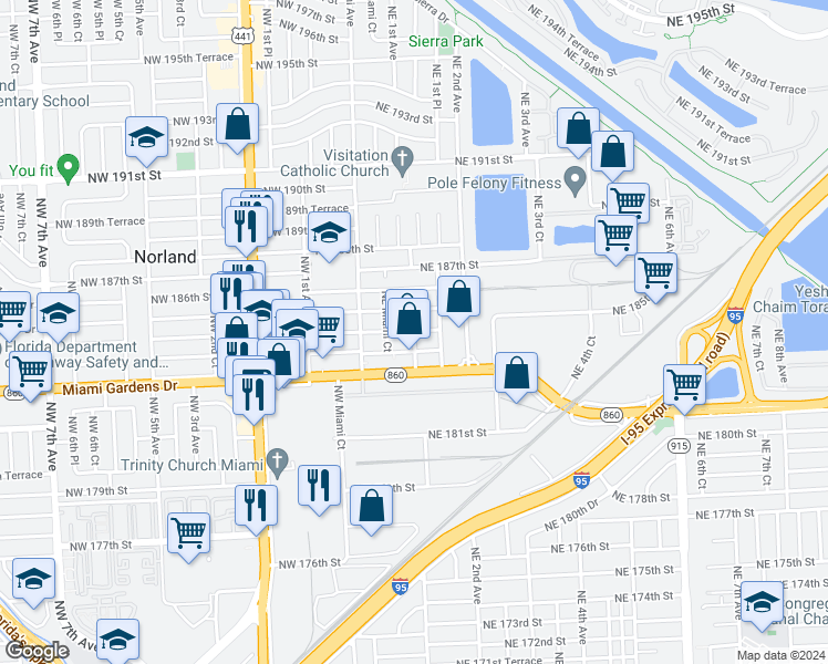 map of restaurants, bars, coffee shops, grocery stores, and more near 18403 Northeast 1st Avenue in Miami