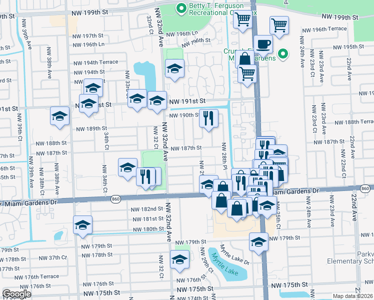 map of restaurants, bars, coffee shops, grocery stores, and more near 3000 Northwest 187th Street in Miami Gardens
