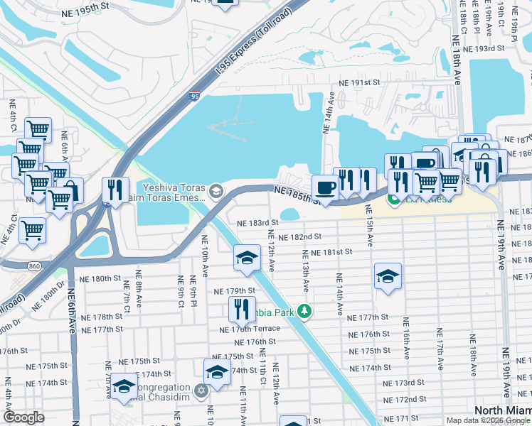 map of restaurants, bars, coffee shops, grocery stores, and more near 18320 Northeast 12th Avenue in North Miami Beach