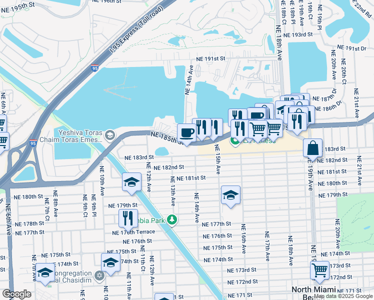 map of restaurants, bars, coffee shops, grocery stores, and more near 1380 Northeast Miami Gardens Drive in Miami