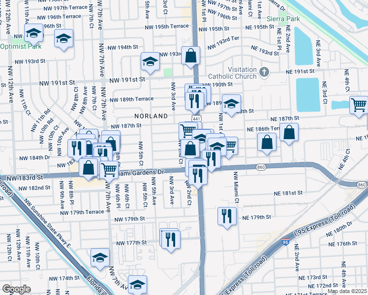 map of restaurants, bars, coffee shops, grocery stores, and more near 280 Northwest 184th Terrace in Miami
