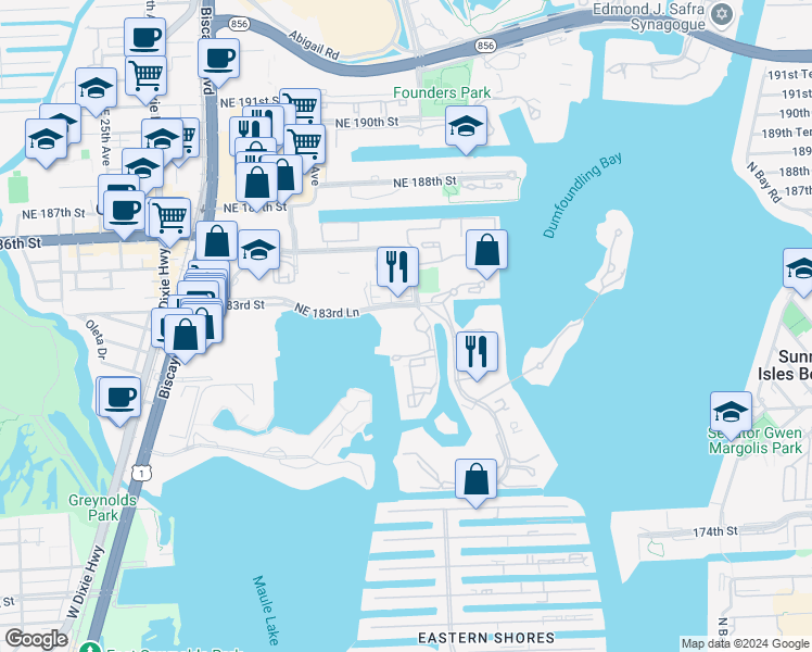 map of restaurants, bars, coffee shops, grocery stores, and more near 18181 Northeast 31st Court in Aventura