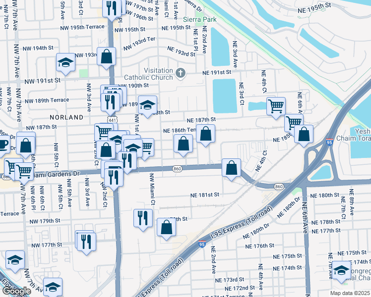 map of restaurants, bars, coffee shops, grocery stores, and more near 18403 Northeast 1st Avenue in Miami