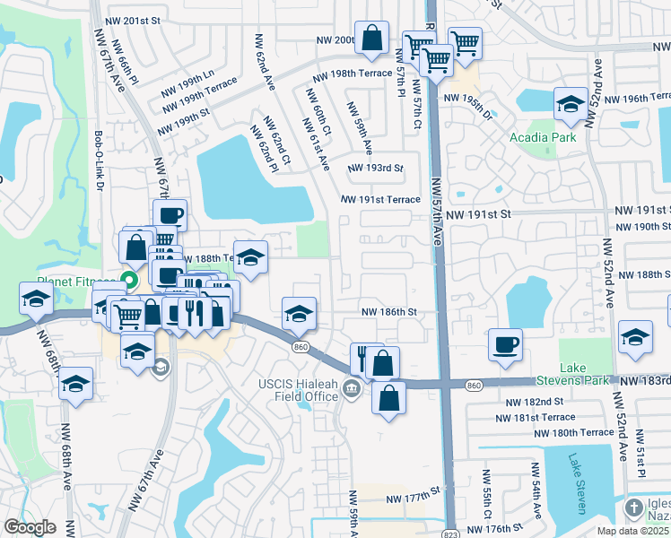 map of restaurants, bars, coffee shops, grocery stores, and more near 18815 Northwest 62nd Avenue in Hialeah