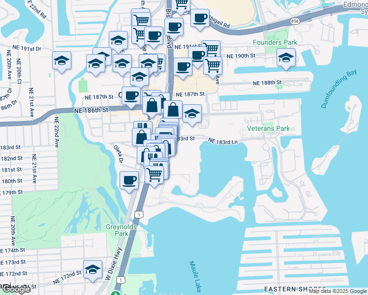 map of restaurants, bars, coffee shops, grocery stores, and more near 2750 Northeast 183rd Street in Aventura