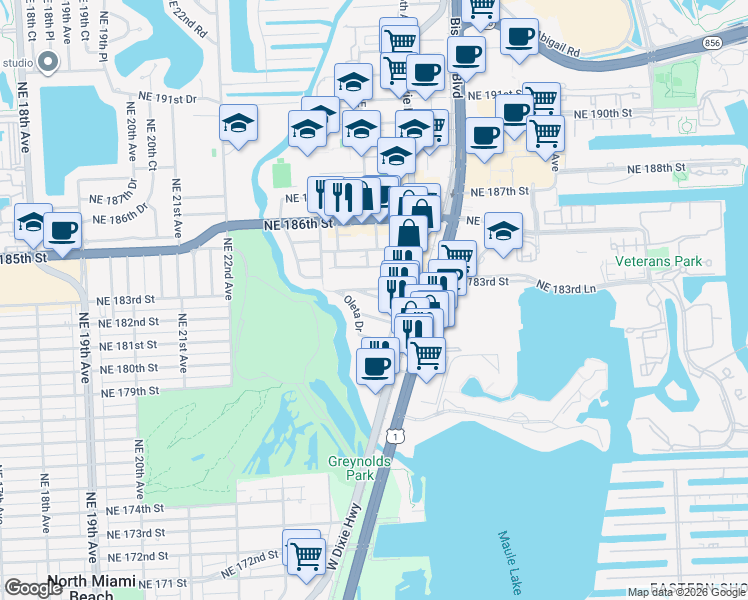 map of restaurants, bars, coffee shops, grocery stores, and more near 2507 Northeast 182nd Street in North Miami Beach
