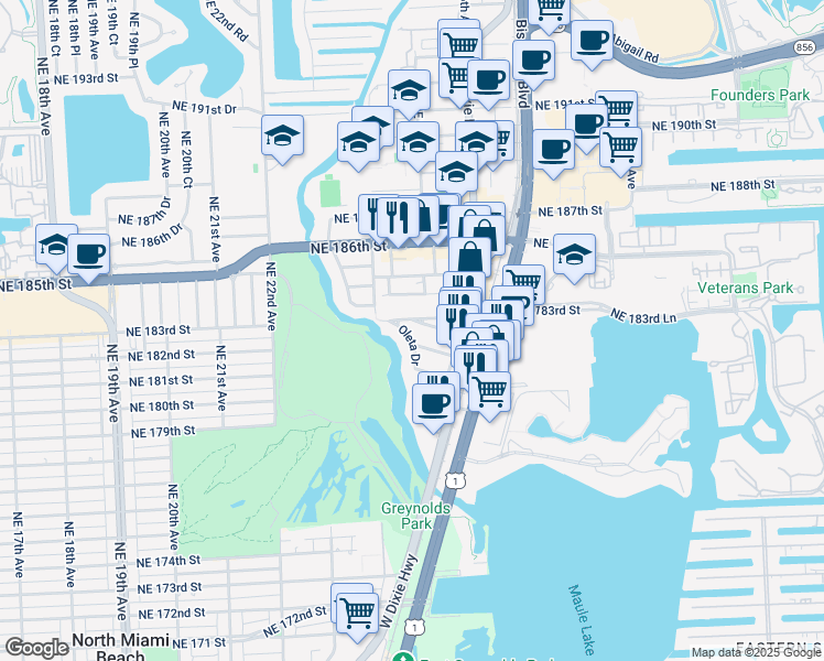 map of restaurants, bars, coffee shops, grocery stores, and more near 2507 Northeast 182nd Street in North Miami Beach