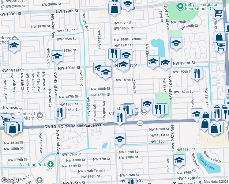 map of restaurants, bars, coffee shops, grocery stores, and more near 3711 Northwest 187th Street in Miami Gardens