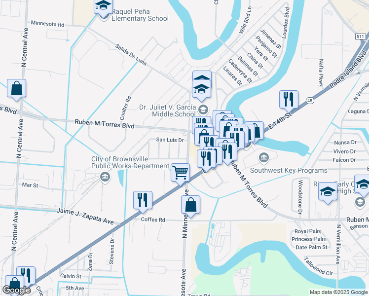 map of restaurants, bars, coffee shops, grocery stores, and more near 2235 North Minnesota Avenue in Brownsville