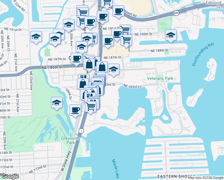 map of restaurants, bars, coffee shops, grocery stores, and more near 2750 Northeast 183rd Street in Aventura