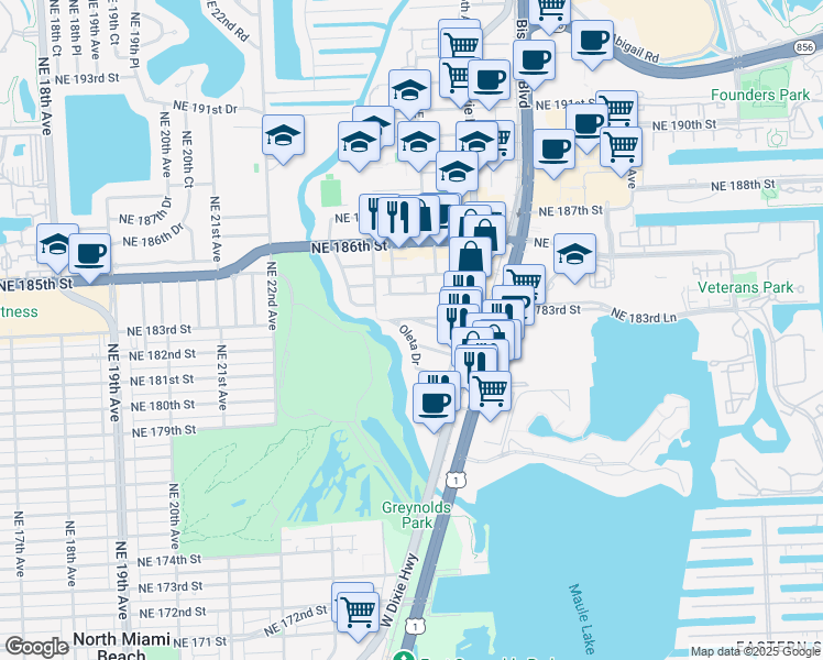 map of restaurants, bars, coffee shops, grocery stores, and more near 2507 Northeast 182nd Street in North Miami Beach