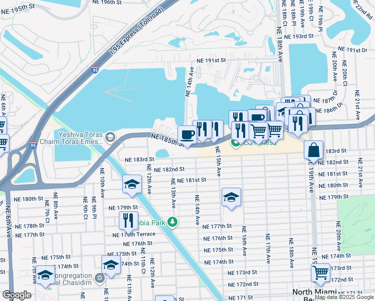 map of restaurants, bars, coffee shops, grocery stores, and more near 1380 Northeast Miami Gardens Drive in North Miami Beach