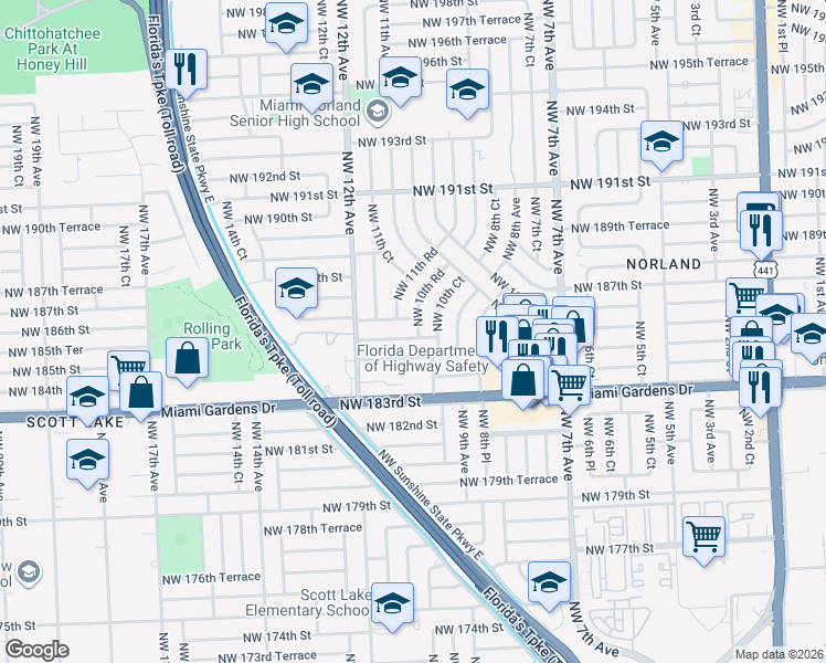 map of restaurants, bars, coffee shops, grocery stores, and more near 1050 Northwest 185th Terrace in Miami