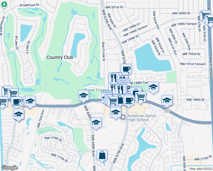 map of restaurants, bars, coffee shops, grocery stores, and more near 6780 Northwest 187th Terrace in Hialeah