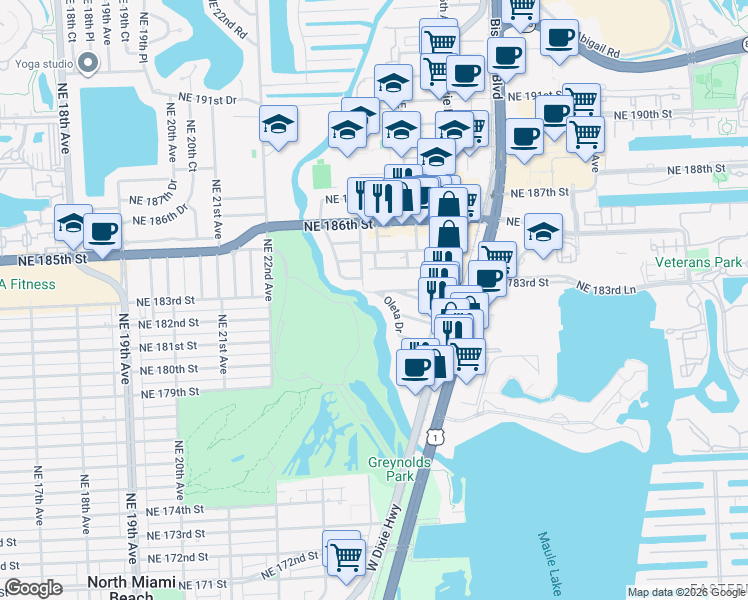 map of restaurants, bars, coffee shops, grocery stores, and more near 18310 Oleta Drive in Miami