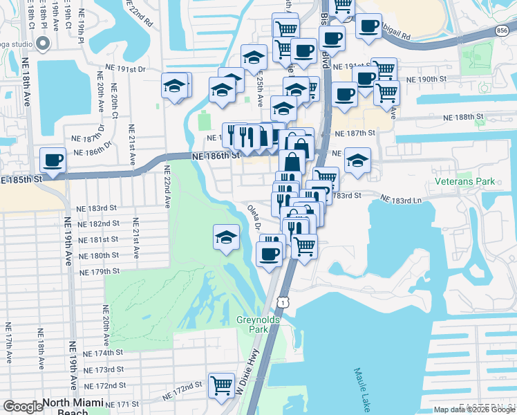 map of restaurants, bars, coffee shops, grocery stores, and more near 2507 Northeast 182nd Street in North Miami Beach