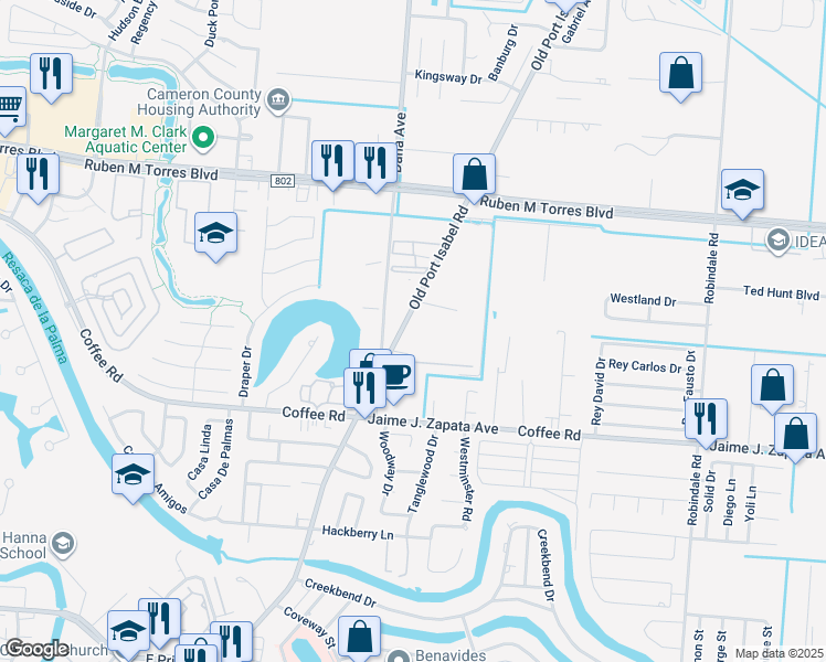 map of restaurants, bars, coffee shops, grocery stores, and more near 2100 Old Port Isabel Road in Brownsville