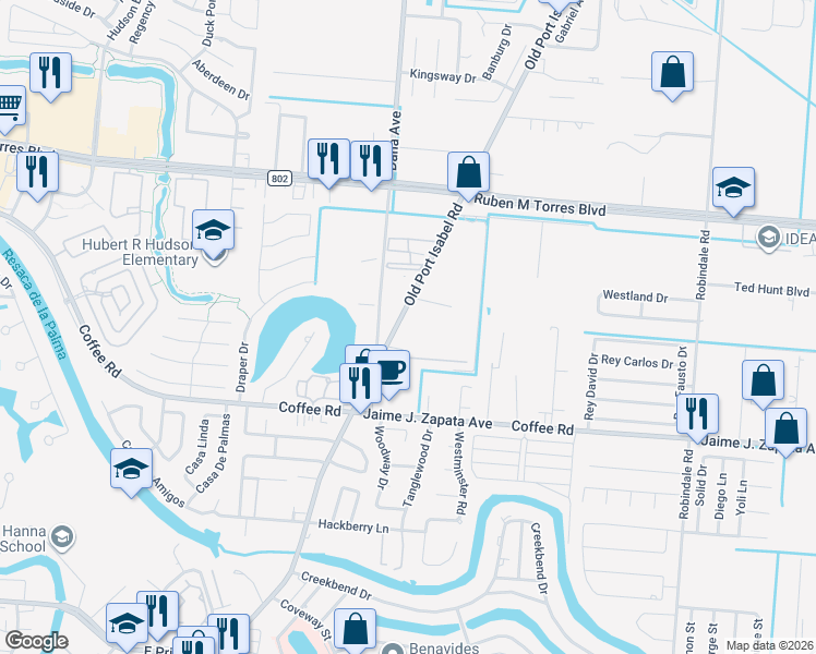 map of restaurants, bars, coffee shops, grocery stores, and more near 2001 Old Port Isabel Road in Brownsville