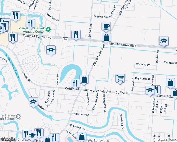 map of restaurants, bars, coffee shops, grocery stores, and more near 2009 Old Port Isabel Road in Brownsville