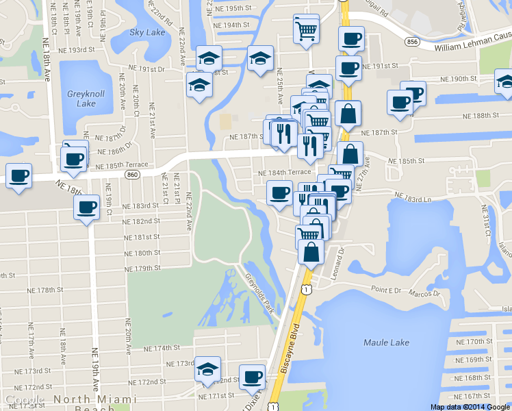 map of restaurants, bars, coffee shops, grocery stores, and more near 2410 NE 183rd St in North Miami Beach
