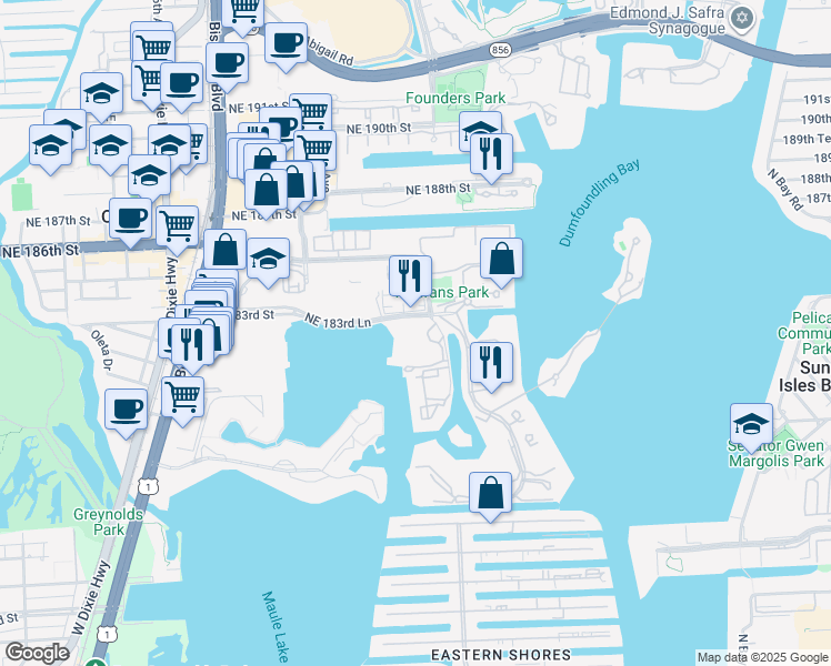 map of restaurants, bars, coffee shops, grocery stores, and more near 18181 Northeast 31st Court in Aventura