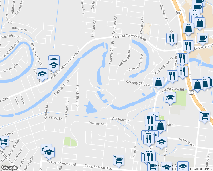 map of restaurants, bars, coffee shops, grocery stores, and more near 8 Country Club Circle in Brownsville