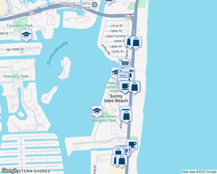 map of restaurants, bars, coffee shops, grocery stores, and more near 18001 North Bay Road in Sunny Isles Beach