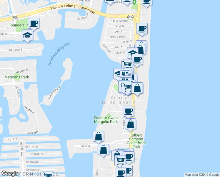 map of restaurants, bars, coffee shops, grocery stores, and more near 18001 North Bay Road in Sunny Isles Beach