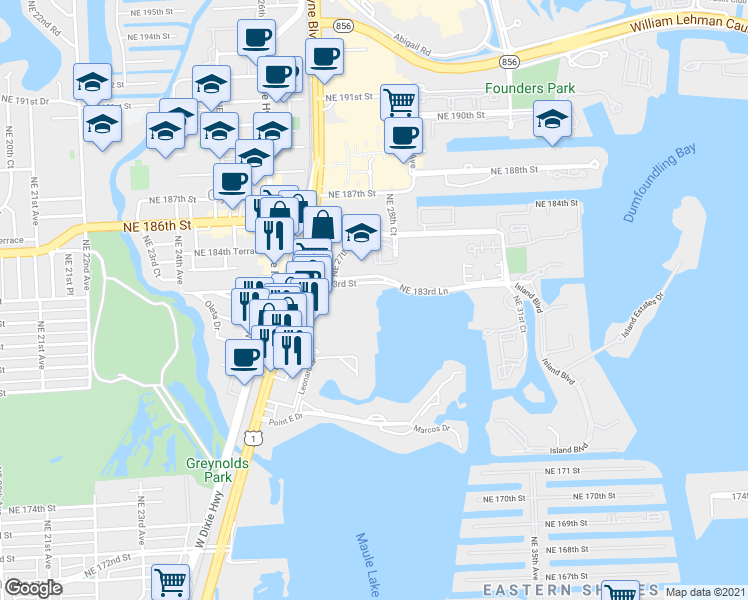 map of restaurants, bars, coffee shops, grocery stores, and more near 2750 Northeast 183rd Street in Aventura