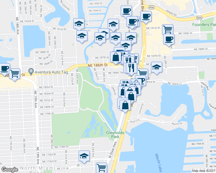 map of restaurants, bars, coffee shops, grocery stores, and more near 2410 Northeast 183rd Street in North Miami Beach