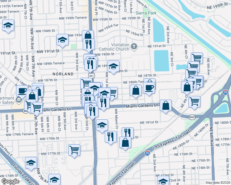 map of restaurants, bars, coffee shops, grocery stores, and more near 50 Northwest 184th Terrace in Miami