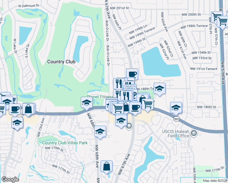 map of restaurants, bars, coffee shops, grocery stores, and more near 6780 Northwest 187th Terrace in Hialeah