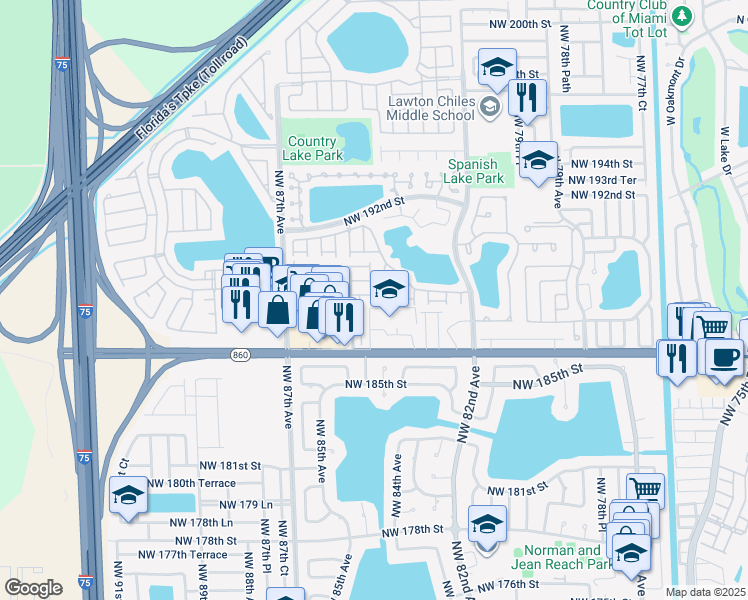 map of restaurants, bars, coffee shops, grocery stores, and more near 8445 Northwest 186th Street in Hialeah