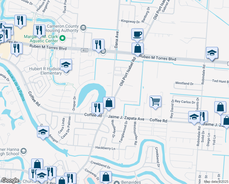 map of restaurants, bars, coffee shops, grocery stores, and more near 2025 Old Port Isabel Road in Brownsville