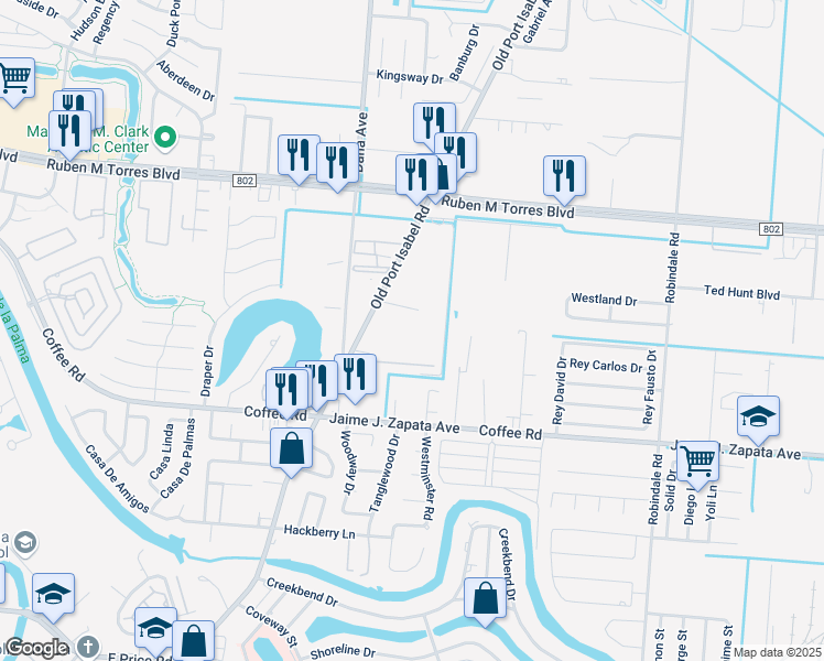 map of restaurants, bars, coffee shops, grocery stores, and more near 2120 Old Port Isabel Road in Brownsville