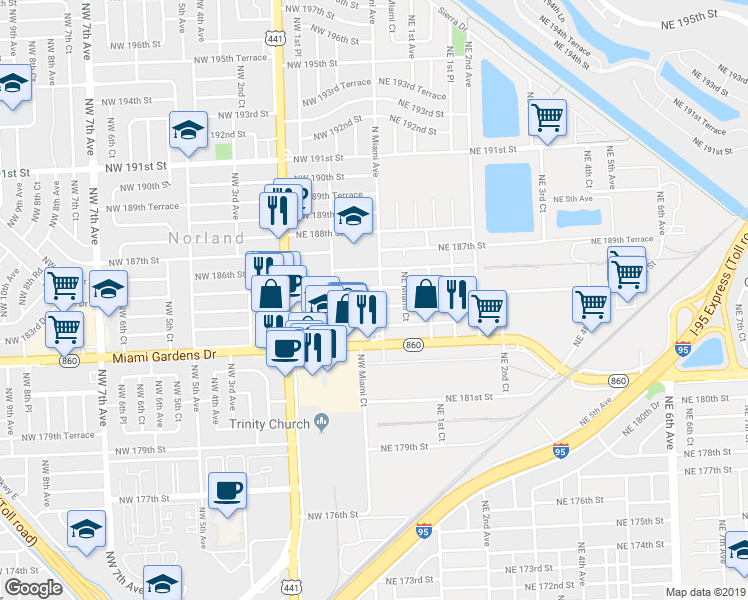 map of restaurants, bars, coffee shops, grocery stores, and more near 25 Northwest 184th Terrace in Miami Gardens