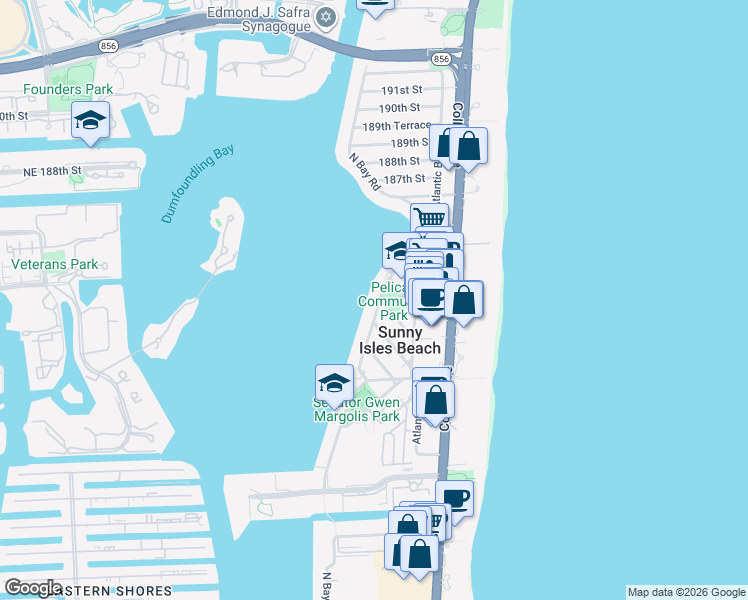 map of restaurants, bars, coffee shops, grocery stores, and more near 18001 North Bay Road in Sunny Isles Beach