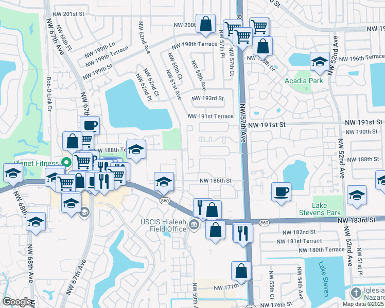 map of restaurants, bars, coffee shops, grocery stores, and more near 18785 Northwest 62nd Avenue in Hialeah