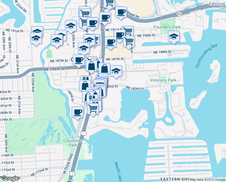 map of restaurants, bars, coffee shops, grocery stores, and more near 2750 Northeast 183rd Street in Aventura