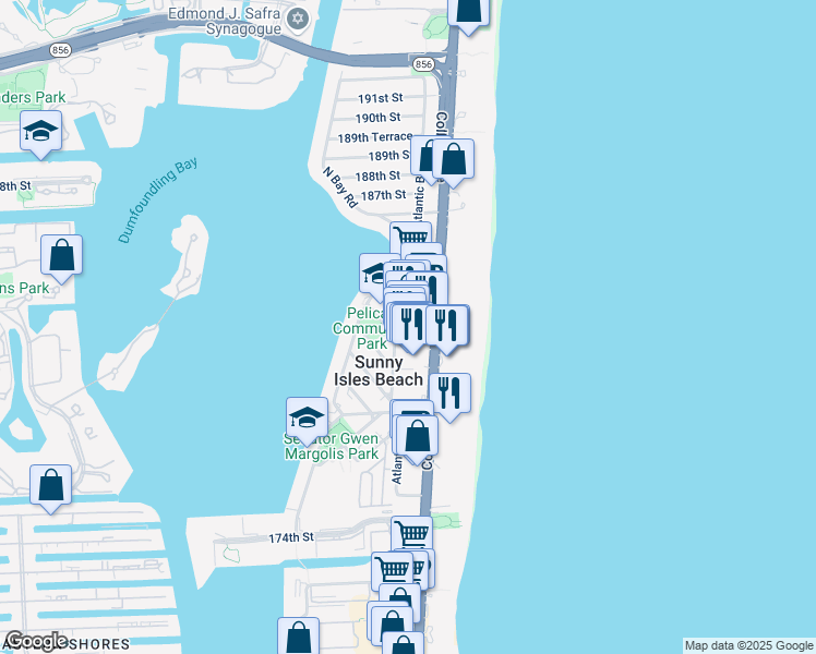map of restaurants, bars, coffee shops, grocery stores, and more near 18146 Atlantic Boulevard in Sunny Isles Beach