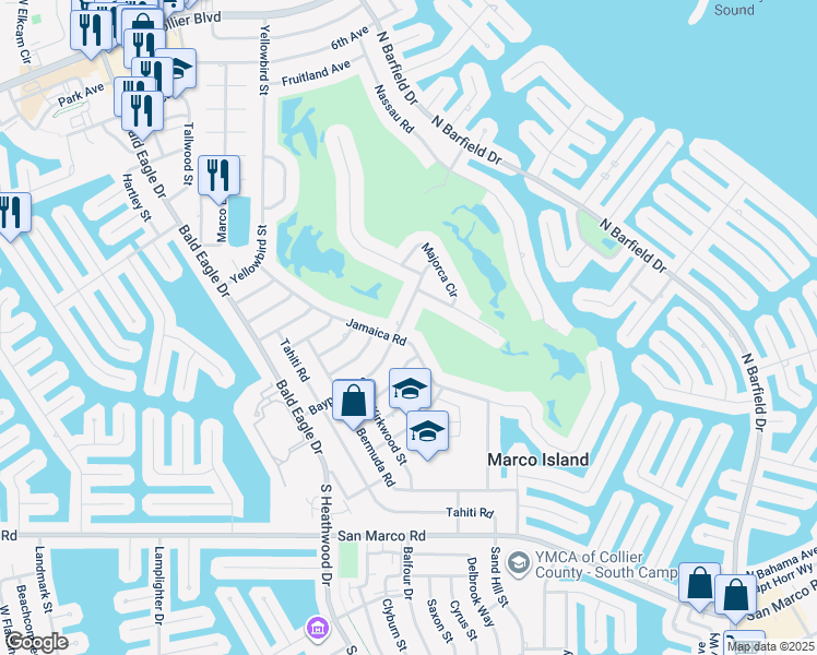 map of restaurants, bars, coffee shops, grocery stores, and more near 1368 Jamaica Road in Marco Island