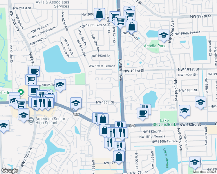 map of restaurants, bars, coffee shops, grocery stores, and more near 6135 Northwest 186th Street in Hialeah