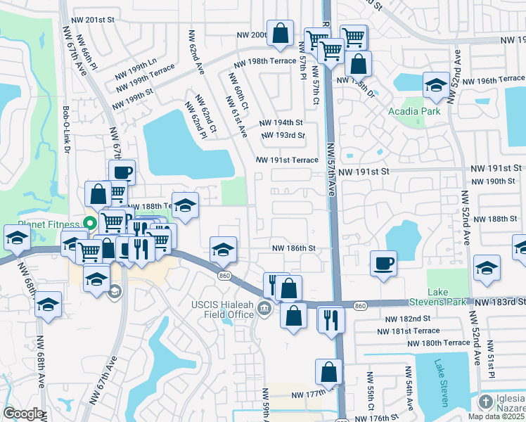 map of restaurants, bars, coffee shops, grocery stores, and more near 18785 Northwest 62nd Avenue in Hialeah